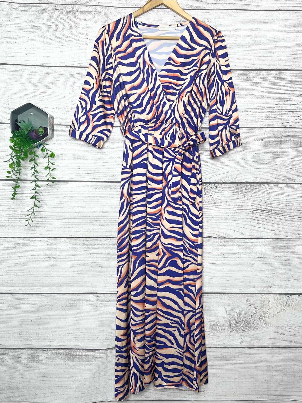 New Collection Italy Zebra Print Wrap Maxi Dress in Navy & Peach Size Small